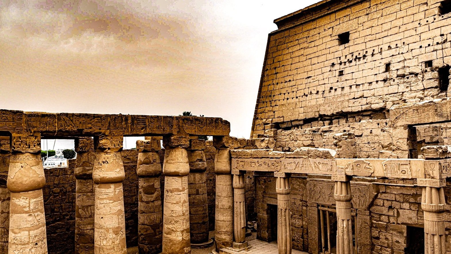 Carved pylon and courtyard columns