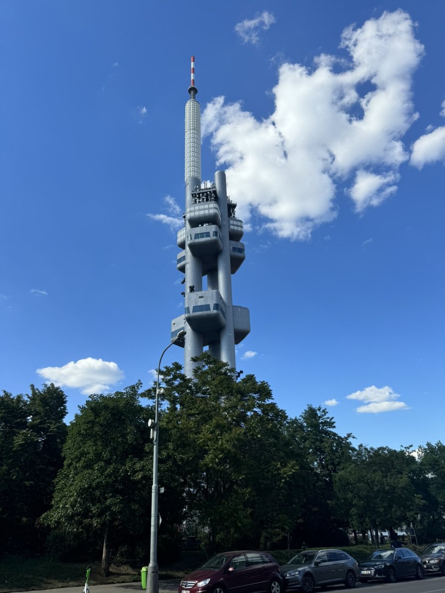 Žižkov Television Tower against a blue sky