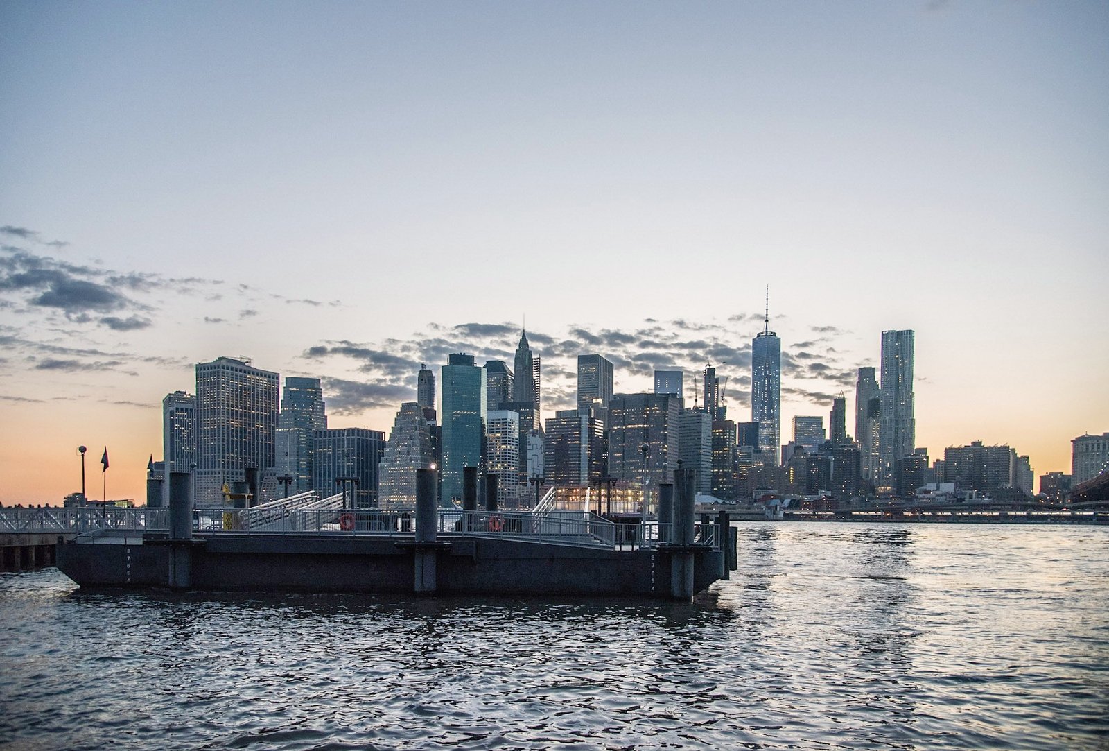 Lower Manhattan across the East River at dusk, photographed from Brooklyn.