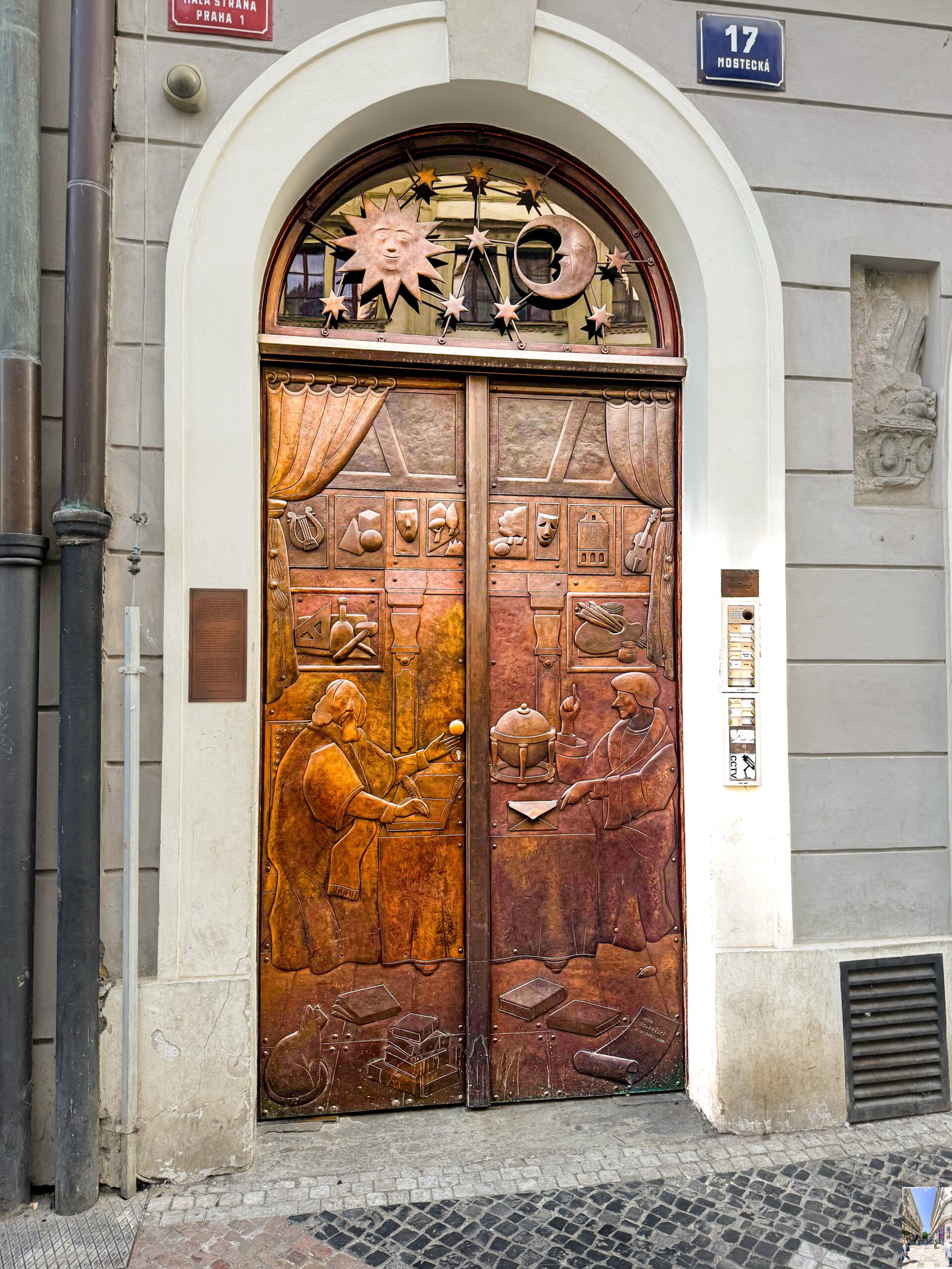 Carved wooden doors on a Prague street