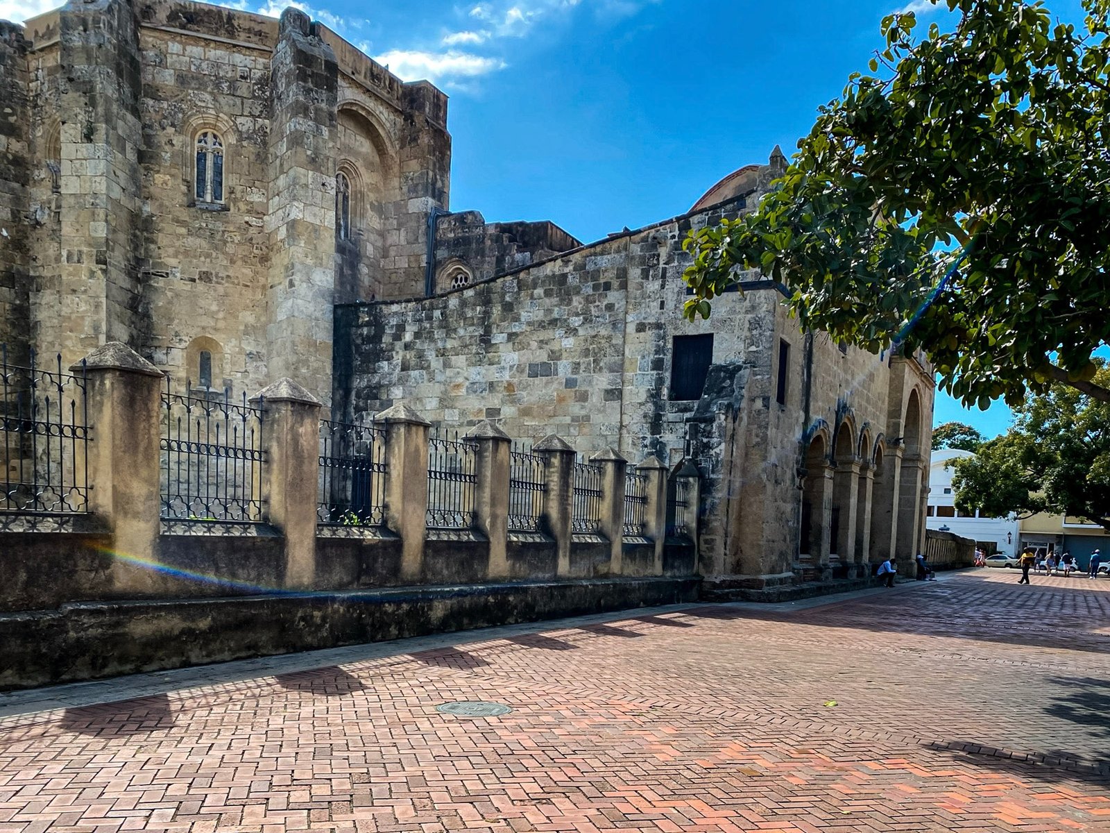 Cathedral stonework, windows and iron fence.
